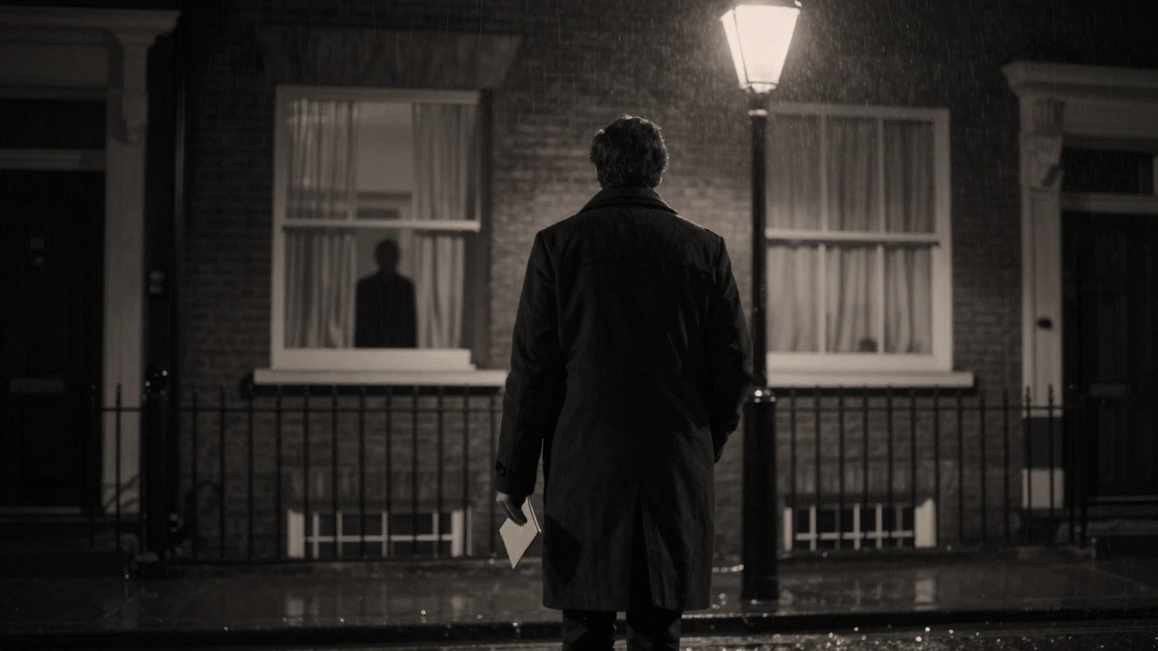 A solitary figure walks away under a London streetlamp, holding an envelope at night.