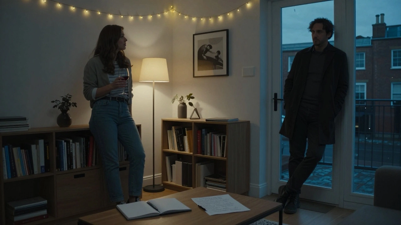 A woman and man in a modern flat, sharing a moment of quiet trust at dusk.