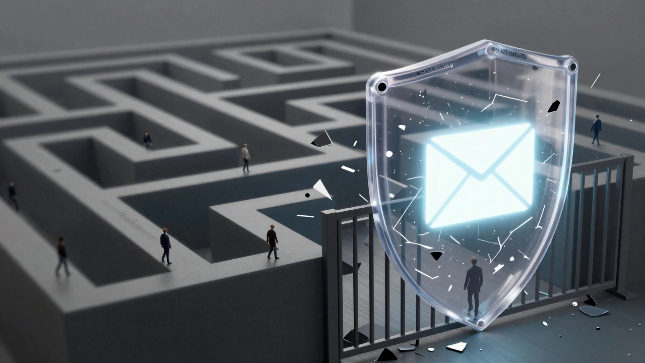 Shattering digital shield revealing data trails leading to dark servers, with one protected alias email standing safe.